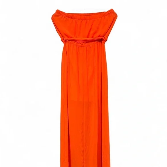 Lush Bright Orange Strapless Maxi Dress with Waist Sash | Large - Picture 2 of 7